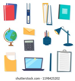 Work office objects and and tools. Isolated on white background. Flat cartoon style vector illustration.
