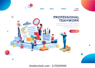 Work at office, official document clipart. Finance copy, glass, pencils, stamp and paperwork. Printed job or commercial data concept with characters and text. Flat isometric vector illustration.