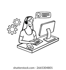 Work in the office on a laptop vector line flat