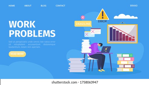 Problemas de oficina de trabajo, ilustración vectorial. Carácter de persona de negocios con estrés, empleado cansado tienen plazo fijo. Trabajador gerente con el concepto de papel de dibujos animados, sobrecargado de trabajo, ocupado y agotado.