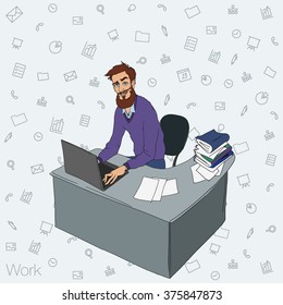 Work in office: project Manager, designer, secretary. Cloud technologies, services, documents for remote team. Illustration of busness man in workplace with laptop. Employee in suit sitting at desktop