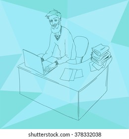 Work in office: project Manager, designer, secretary. Cloud technologies, services, documents for remote team. Illustration of busness man in workplace with laptop. Employee in suit sitting at desktop