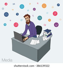 Work in office: project Manager, designer, secretary. Cloud technologies, services, documents for remote team. Illustration of busness man in workplace with laptop. Employee in suit sitting at desktop