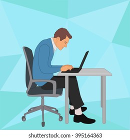 Work in office: project Manager, designer, secretary. Cloud technologies, services, documents for remote team. Illustration of busness man in workplace with laptop. Employee in suit sitting at desktop