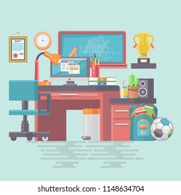 Work office of school boy with modern gadgets, computer, pc, files, board, chair and school supplies. Modern flat vector style of teenager's table.