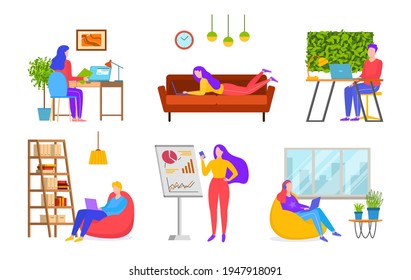 Work in office set, isolated on white vector illustration. Man woman people character use computer at home, job workplace with laptop.