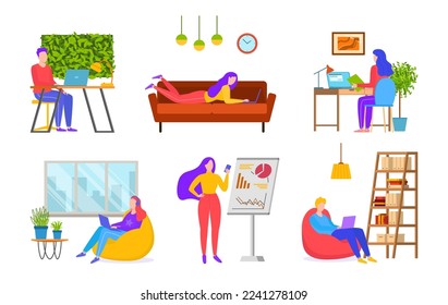 Work in office set, isolated on white vector illustration. Man woman people character use computer at home, job workplace with laptop.