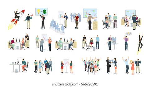 Work in office set on white background. meeting, presentations and winning. Abstract illustartions. Flying on rocket.