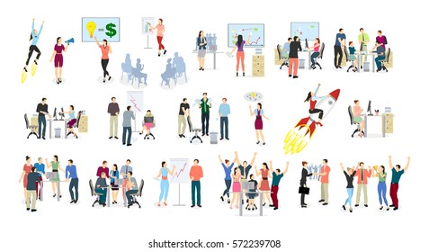 Work in office set on white background. meeting, presentations and winning. Abstract illustartions. Flying on rocket.