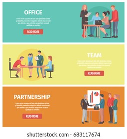 Work in office, team formation and partnership between firms internet page template with text and read more button vector illustration.