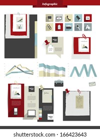 Work office web layout. Colorful graphic template. Folder, sticker, graph, tab, data, bubbles set. Vector background. 
