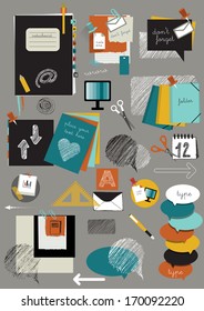 Work office web layout. Colorful graphic template. Folder, sticker,  tab, data, bubbles set. Vector background. 