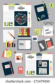 Work office web layout. Colorful graphic template. Folder, sticker, tab, data, bubbles set. Vector background. 