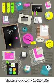 Work office web layout. Colorful graphic template. Folder, sticker, graph, tab, data, black board, bubbles set. Vector background. 