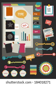 Work office web layout. Colorful graphic flat template. Folder, sticker, graph, tab, data, bubbles set. Vector background. 