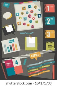 Work office web layout. Colorful graphic flat template. Folder, sticker, graph, tab, data, icons, shapes, ribbons, arrows, bubbles set. Vector background. 