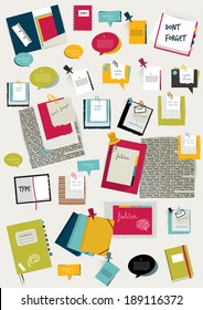 Work office web layout. Colorful flat graphic template. Folder, sticker,  tab, data, bubbles set. Vector background. 
