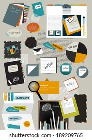 Work office web layout. Colorful flat graphic template. Folder, sticker, graph, tab, data, bubbles set. Vector background.