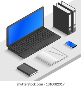 Work, office workplace, work desk with laptop and documents, notepad, folder and coffee mug, isometric 3d vector