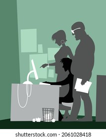 Work in the office. Workplace. Tired designer with annoying customers. Vector image for prints, poster and illustrations.