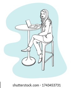 Work in office. Young pretty girl with a laptop. Ink line sketch. Hand drawn image. Black and white vector illustration on Blue blob background.