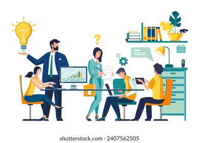 Work in the office.Business development isolated cartoon, vector illustrations set.Diverse people discussing business plan, brainstorm startup idea, c