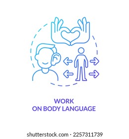 Trabajar en el icono de concepto de gradiente azul del lenguaje corporal. Expresión no verbal. Emociones. La socialización de las habilidades abstractas de la idea en línea delgada. Dibujo de contorno aislado. Se usa una fuente Myriad Pro-Bold