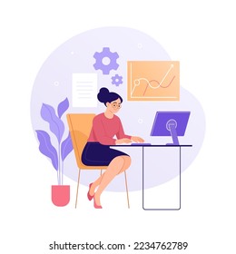 Work on the computer concept. Vector illustration in a trendy flat style of a young pretty woman who is immersed in working on a computer, studying analytics at her workplace. Isolated on white