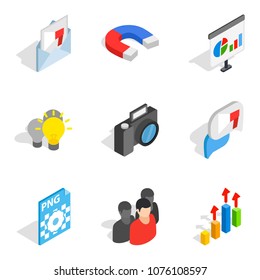 Work on computer icons set. Isometric set of 9 work on computer vector icons for web isolated on white background