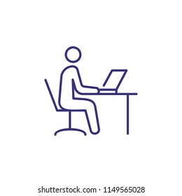 Work on computer line icon. Man sitting at table and using laptop. Workplace concept. Can be used for topics like office job, business, modern technology
