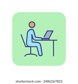 Work on computer line icon. Man sitting at table and using laptop. Workplace concept. Can be used for topics like office job, business, modern technology