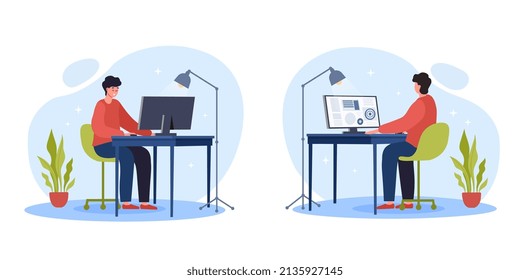 Work on computer. Programmer and freelancer, workplace employee. Modern technologies, character in office. Manager prepares annual report, young guy working. Cartoon flat vector illustration