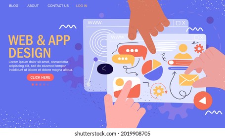 Work on creating an application. Web design, ui, u, programming. The concept of creating an application, website. Landing page. For advertising or app. Vector illustration in a modern style.