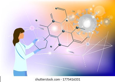 work on creating a vaccine against coronvirus. Female-scientist doctor makes a molecule formula. Science lab. Coronavirus antivirus medical research vector illustration