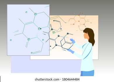 Arbeit an der Erstellung eines Impfstoffs gegen Coronvirus. Der Doktor der Wissenschaftlerin stellt eine Molekül-Formel her. Wissenschaftslabor. Coronavirus Antivirus medizinische Forschung, Vektorgrafik
