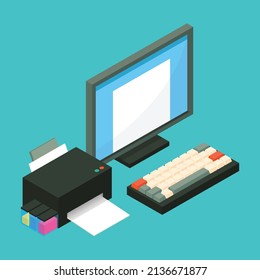 Work on documents on computer and print it isometric 3D vector illustration