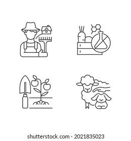 Work on farm linear icons set. Chemical free goods production. Food quality control. Soil cultivation. Customizable thin line contour symbols. Isolated vector outline illustrations. Editable stroke