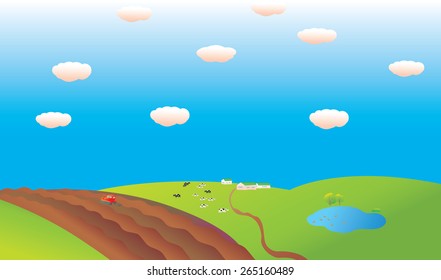 work on the farm with a tractor and a lake