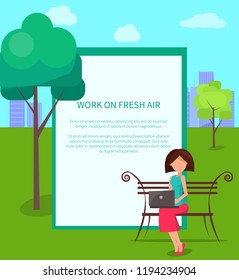 Work on fresh air conceptual vector banner with place for text. Woman working on laptop sitting on bench, freelancer with notebook in city park