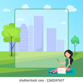 Work on fresh air conceptual vector web banner with place for text. Woman working on laptop sitting on lawn, freelancer with notebook in city park