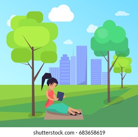 Work on fresh air conceptual vector banner with woman working on laptop sitting on lawn under tree, freelancer with notebook in city park