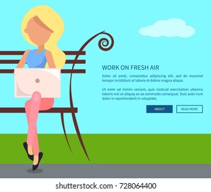Work on fresh air conceptual vectorweb banner with text. Woman working on laptop sitting on bench, freelancer with notebook in city park