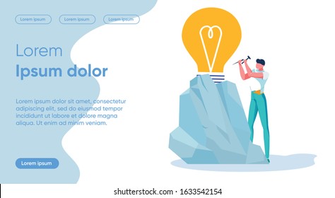 Work on Idea Flat Landing Page Vector Template. Start Up, Business Creation. Businessman, Entrepreneur with Instruments Faceless Character. Innovation, Project Development Homepage Layout