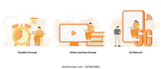 Work on Laptop Activity Graphic Set. Deadline Concept, Online Learning Concept, 5G Network Concept Vector Illustration Design Flat