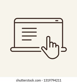 Work on laptop line icon. Computer, hand, writing article. Mass media concept. Can be used for topics like journalist equipment, communication, connection