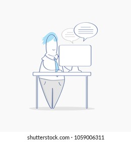 Work on laptop, workplace. Cute cartoon adult man working on computer vector illustration. Freelancer character, supporter, online support or chatting, answers and questions. Business, office work.