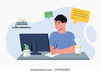 Work on laptop. Young guy sitting at workplace, remote employee or freelancer. Workflow in office. manager or clerk. Man at computer writing notes, doing tasks. Cartoon flat vector illustration