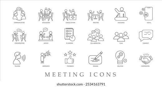 Work on line-style web icons. collaboration, coaching, goals, business, partnership, teamwork, and gathering. A vector