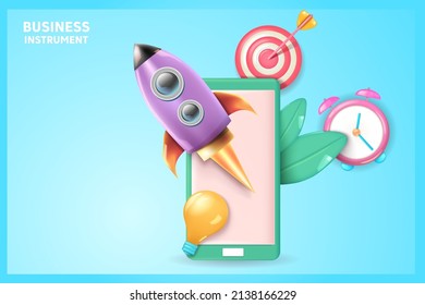 Work on a new project. Rocket and smartphone, vector 3D render illustration.