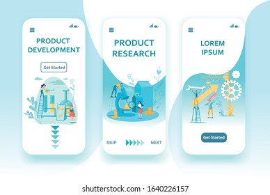 Work on Product Profitability Mobile App Pages Set. Team Developing Marketing Plan, Commercial Strategy, Profits and Income Growth. Metaphor Research Laboratory and Teamwork. Vector Illustration